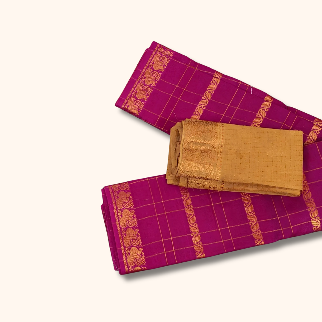 Rani Pink Cotton Saree with Gold Zari Checks & Traditional Peacock Border – Separate Blouse