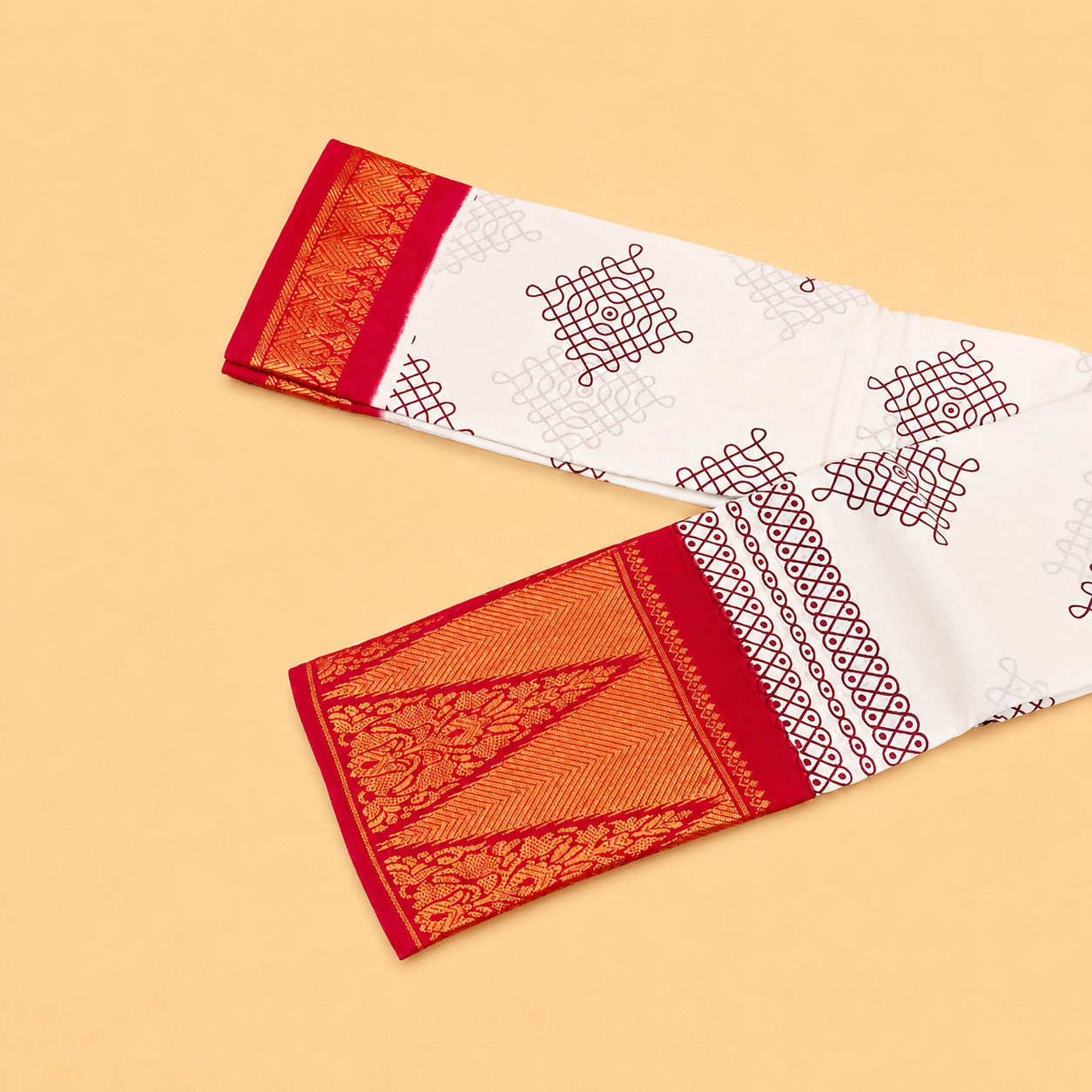 Kolam Printed White Sungudi Cotton Saree with Red Temple Border