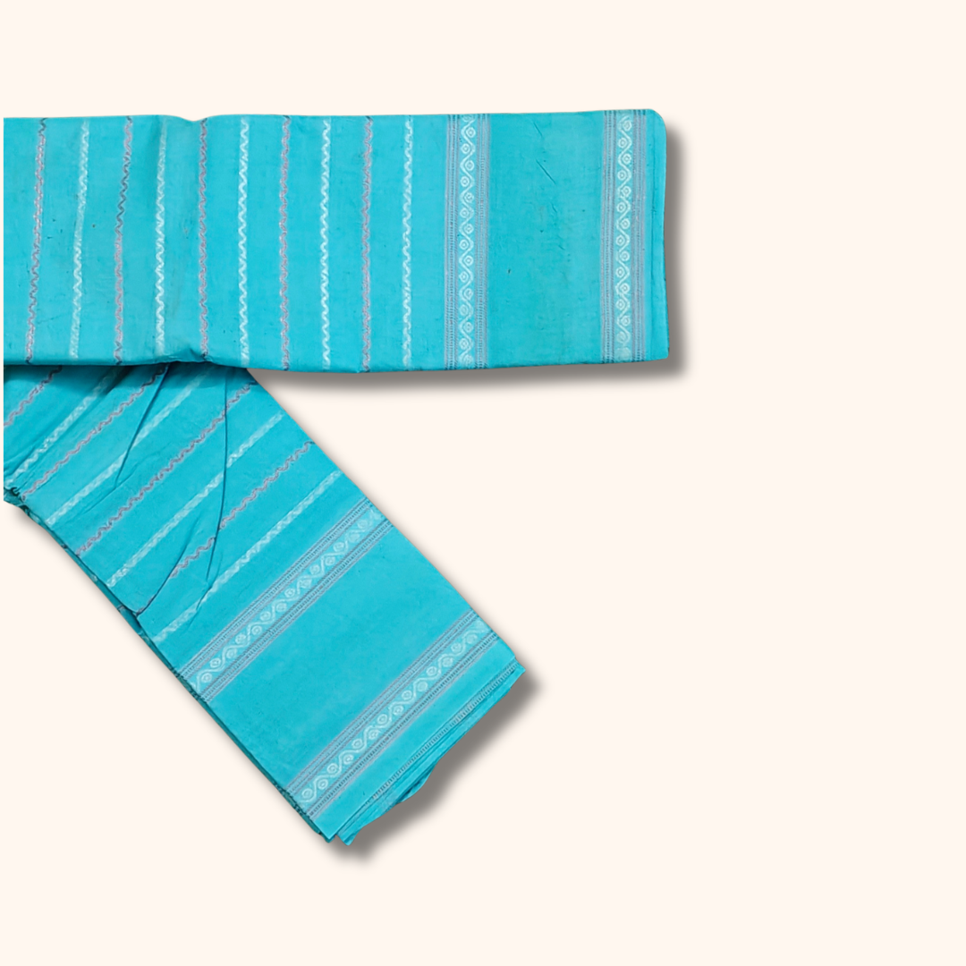 Turquoise Blue Cotton Saree with White Stripe Design – Running Blouse