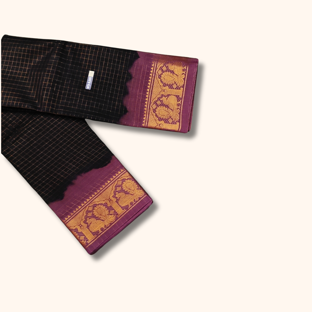 Black Thread Work Sungudi Cotton Saree with Purple Peacock Zari Border
