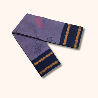 Lavender Purple Kolam Design Cotton Saree with Navy Blue Running Blouse