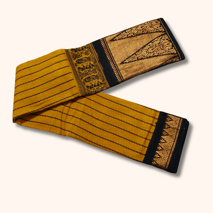 Mustard Yellow Sungudi Saree with Traditional Black Temple Border
