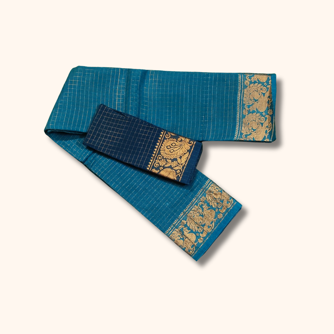 Peacock Blue Pure Sungudi Cotton Saree with Golden Zari Checks & Zari Border
