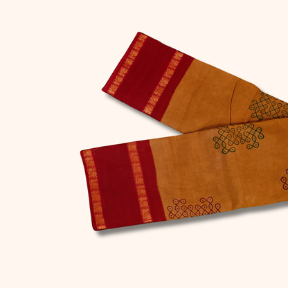 Mustard Yellow Kolam Design Cotton Saree with Red Border – Running Blouse