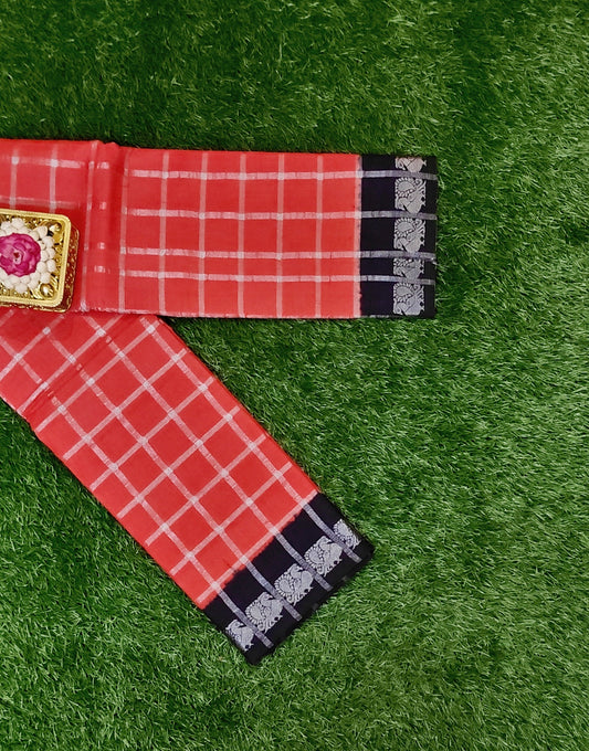 Tomato Red Pavithra Kattam Cotton Saree with Silver Checks & Contrast Dark Blue Border
