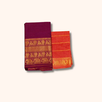 Wine Purple Pure Cotton Saree with Orange Contrast Blouse