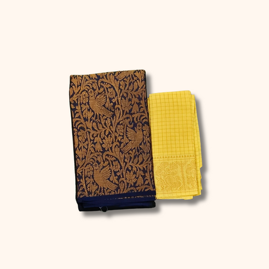 Navy Blue Vasigara Pattern Sungudi Cotton Saree with Yellow Separate Blouse Piece