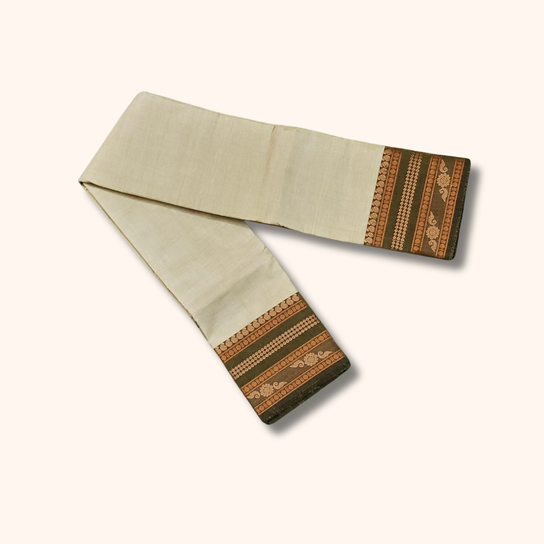 Cream Chettinad Cotton Saree with Olive Green Temple Border