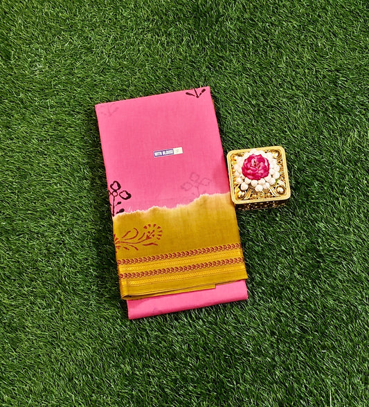 Bright Pink Sungudi Cotton Saree with Mustard Zari Border & Running Blouse