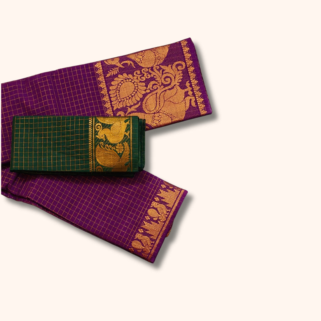 Purple Sungudi Cotton Saree with Gold Checks and Peacock Zari Border – Separate Blouse Piece Included