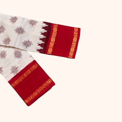 White Cotton Saree with Bright Red Temple Border – Running Blouse
