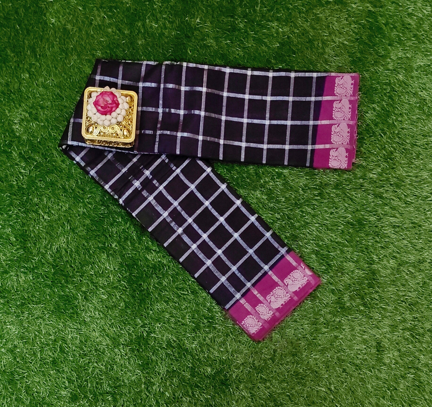 Dark Blue Pavithra Kattam Cotton Saree with Silver Checks & Magenta Border