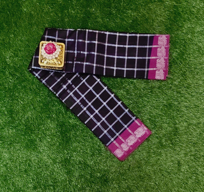 Dark Blue Pavithra Kattam Cotton Saree with Silver Checks & Magenta Border