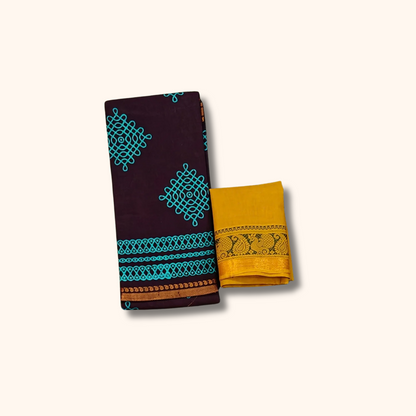 Coffee Brown Sungudi Cotton Saree with Blue Kolam Motifs – Separate Blouse Piece