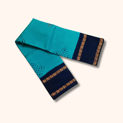 Turquoise Blue Cotton Saree with Navy Blue Border
