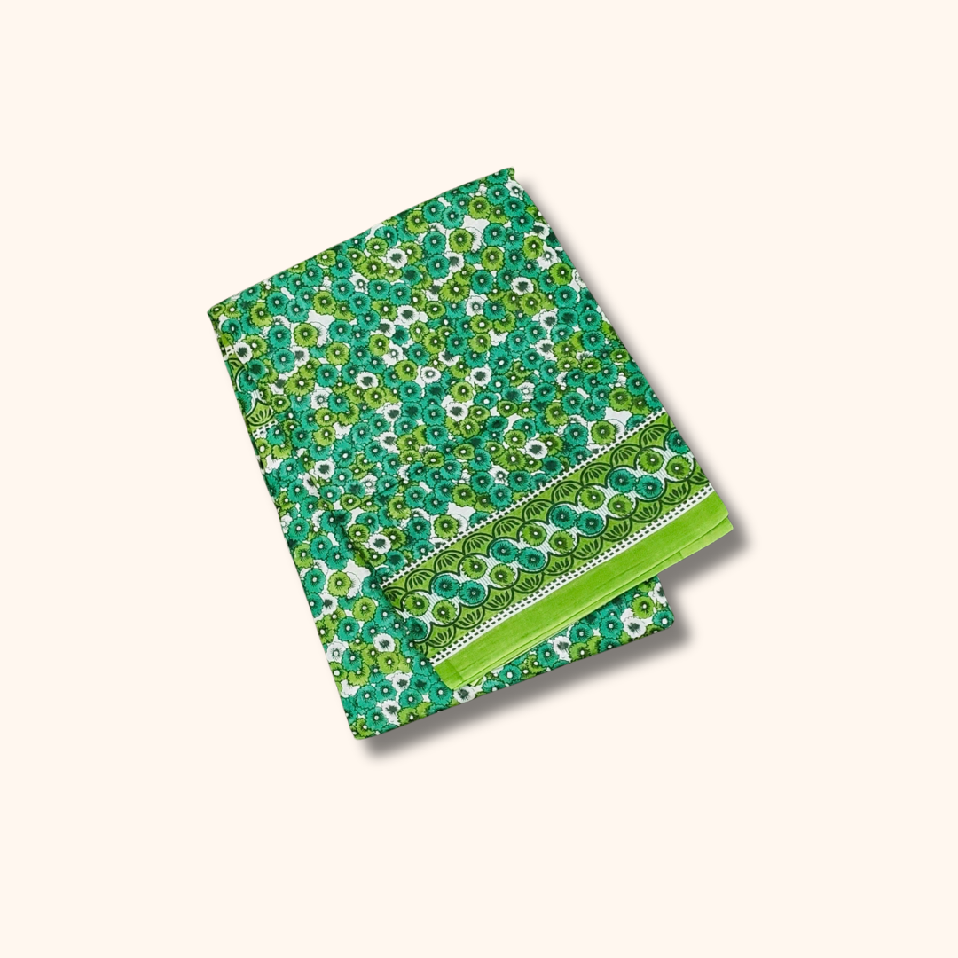 120s Count Sungudi Cotton Saree – Green Floral Design Running Blouse Included