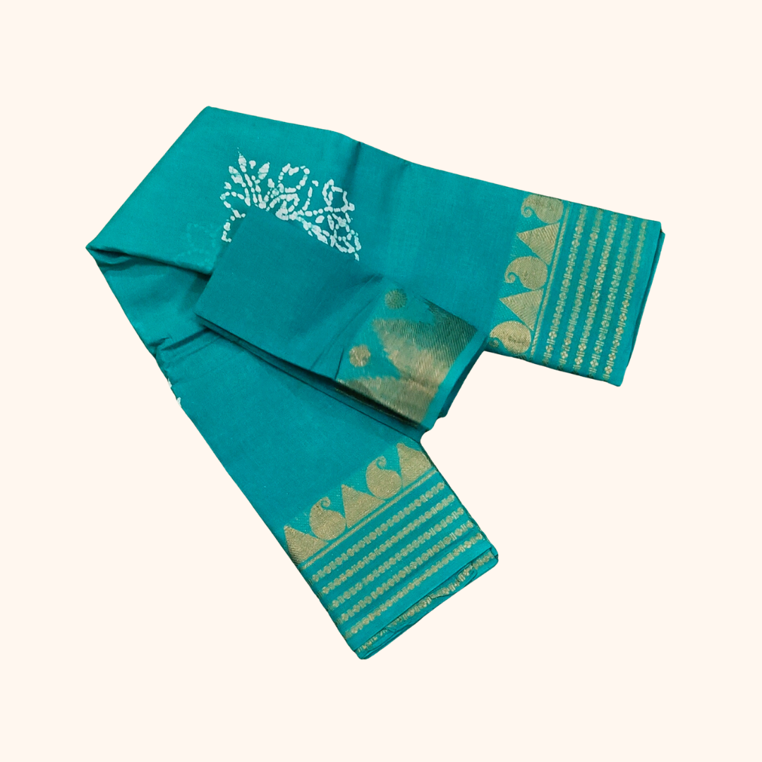 Sky Blue Sungudi Cotton Saree with White Batik Floral Design & Silver Zari Border