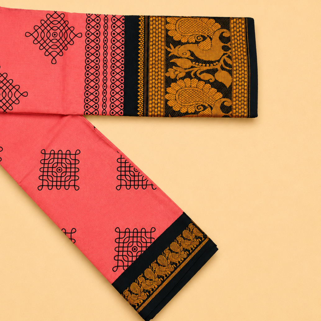 Coral Pink Printed Cotton Saree with Navy Blue Traditional Border