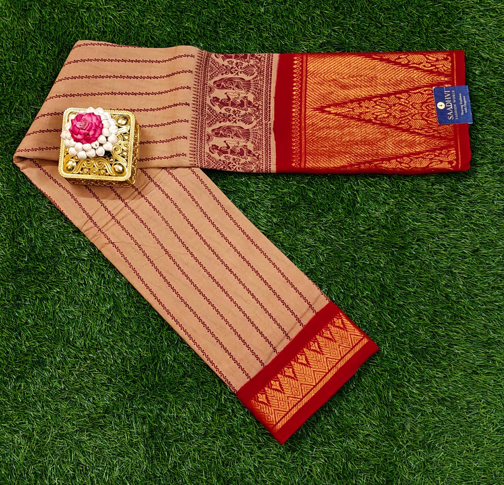 Beige Sungudi Cotton Saree with Rich Maroon Border