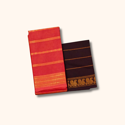 Coral Red Cotton Saree with Maroon Contrast Blouse & Zari Border