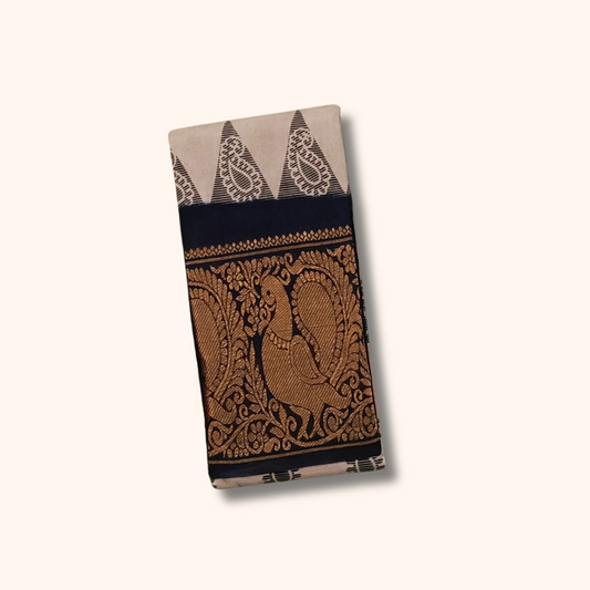 Ash Grey Printed Cotton Saree with Navy Blue Peacock Border