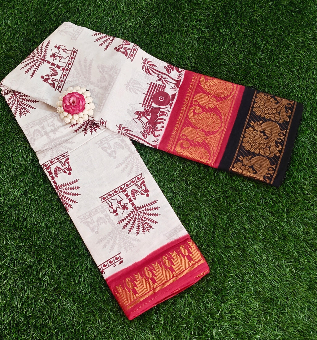 Off-White Sungudi Cotton Saree with Tribal Motifs & Maroon Border