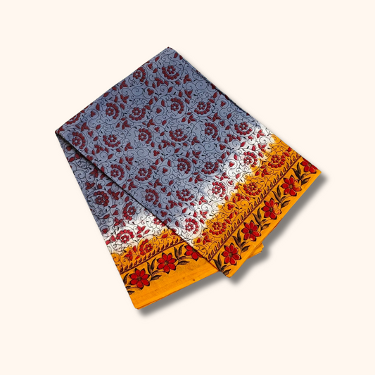 Light Blue & Mustard Yellow Floral Printed Cotton Saree