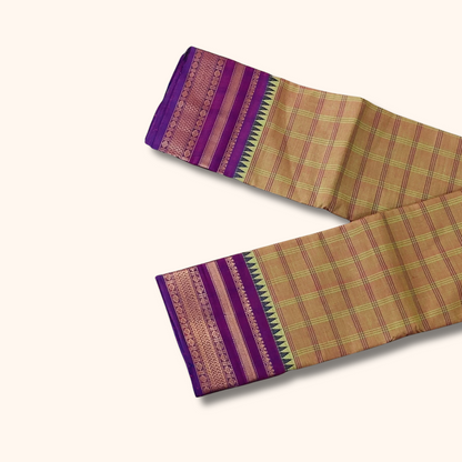 Beige Checked Chettinad Cotton Saree with Purple Zari Border