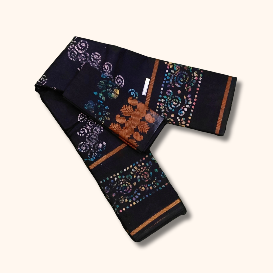 Navy Blue Sungudi Cotton Saree with Multicolor Batik Floral Design & Contrast Border