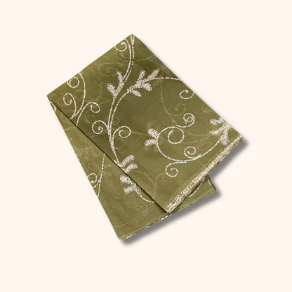 Olive Green Kalamkari Cotton Saree with Floral Vine Print