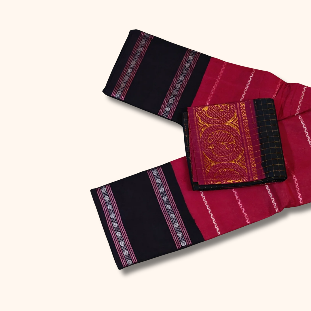 Deep Magenta Sungudi Cotton Saree with Black Contrast Blouse