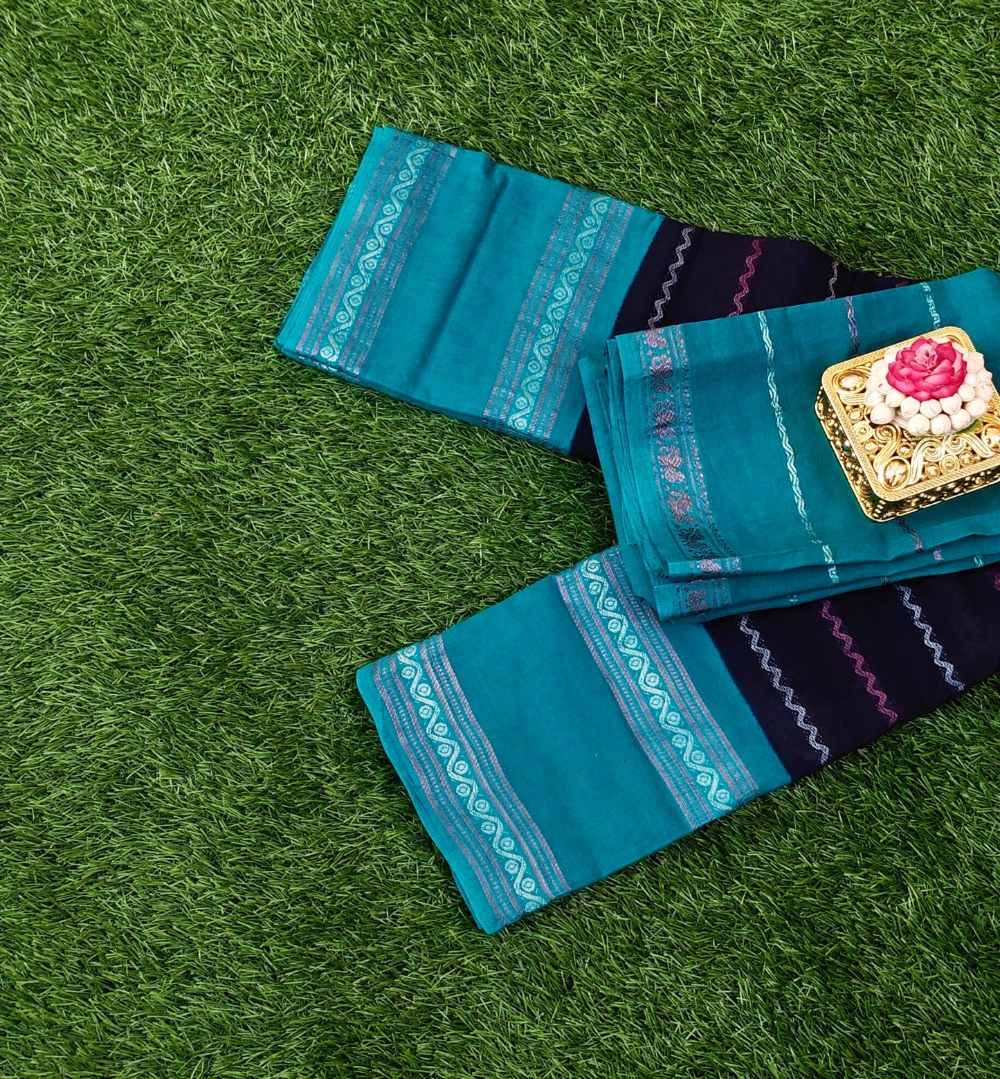 Black & Teal Sungudi Cotton Saree with Separate Blouse