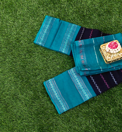 Black & Teal Sungudi Cotton Saree with Separate Blouse