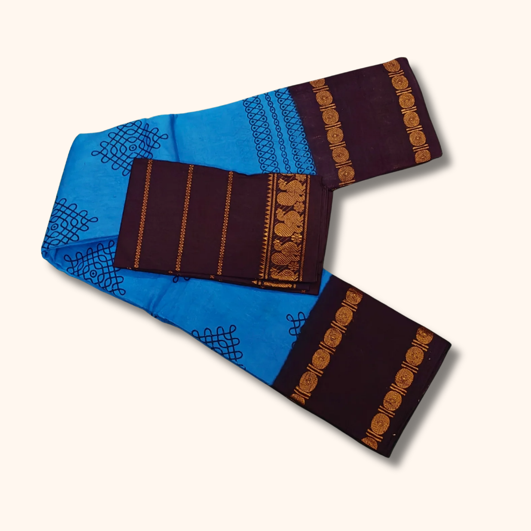 Sky Blue Sungudi Kolam Saree with Contrast Maroon Blouse