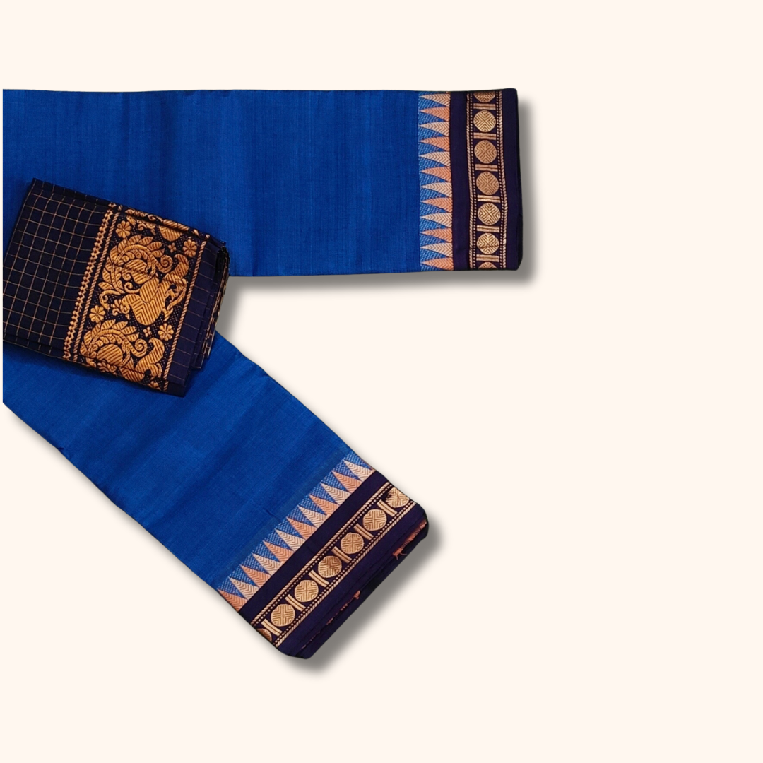 Royal Blue Chettinad Cotton Saree with Temple Border