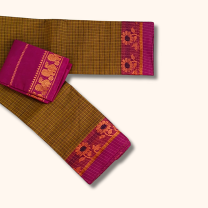 Brown Checked Chettinad Cotton Saree with Magenta Floral Border