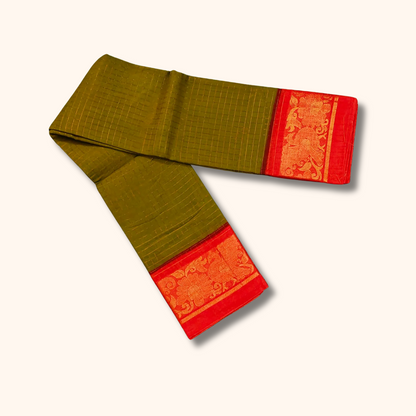 Olive Green Chettinad Cotton Saree with Red Floral Border