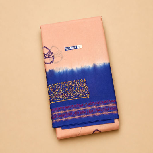 Peach Sungudi Cotton Saree with Royal Blue Zari Border