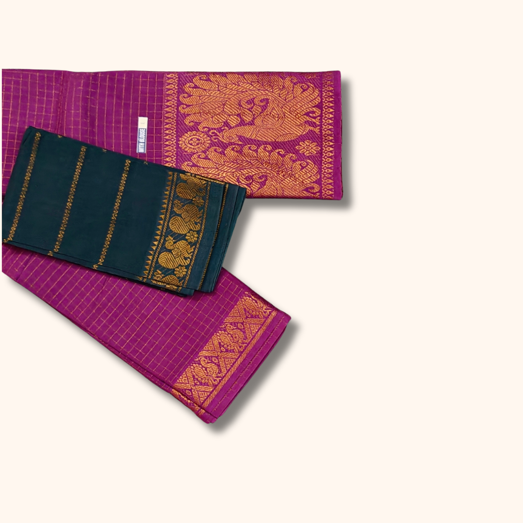 Rani Rose Thread Work Sungudi Cotton Saree with Teal Peacock Zari Border