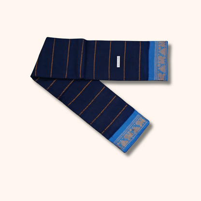 Navy Blue Sungudi Cotton Saree with Sky Blue Peacock Zari Border