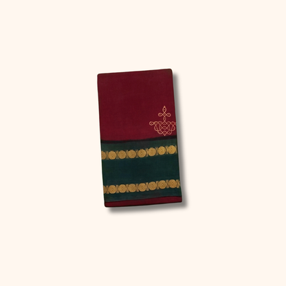 Maroon Cotton Saree with Dark Green Border and Gold Motifs – Running Blouse