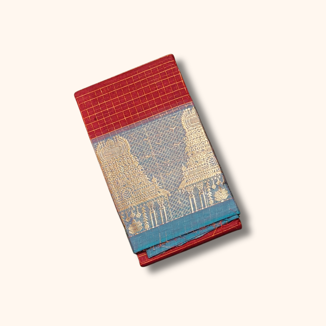Classic Red Chettinad Cotton Saree with Teal green Temple Border