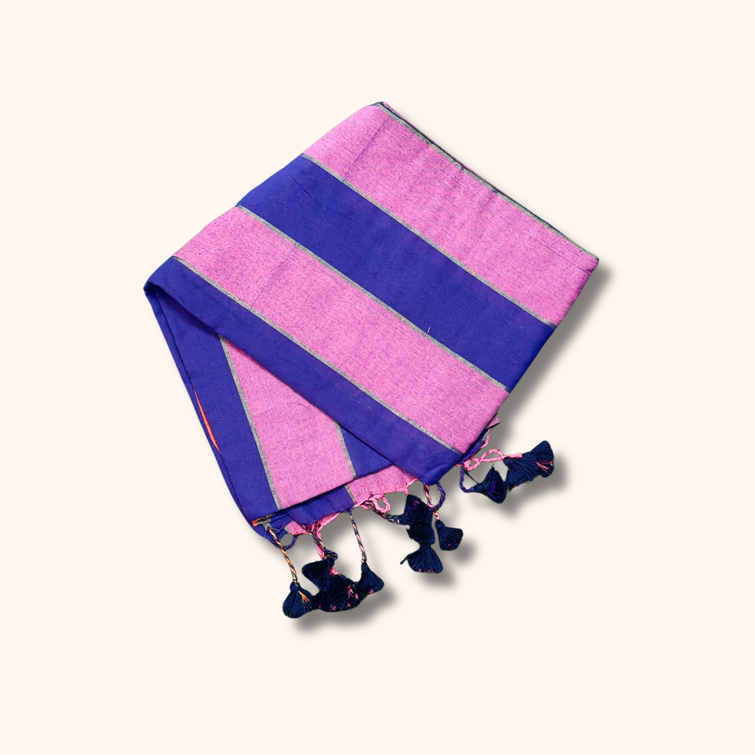 Mulmul Cotton Saree in Pink & Royal Blue Stripes with Running Blouse