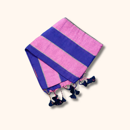 Mulmul Cotton Saree in Pink & Royal Blue Stripes with Running Blouse