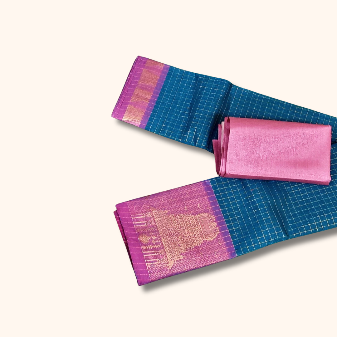 Teal Blue Chettinad Cotton Saree with Pink Temple Border & Gold Zari – Separate Blouse Piece