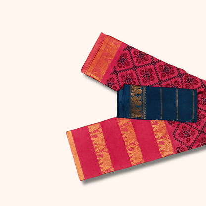Red Pure Cotton Floral Printed Saree with Navy Blue Contrast Blouse