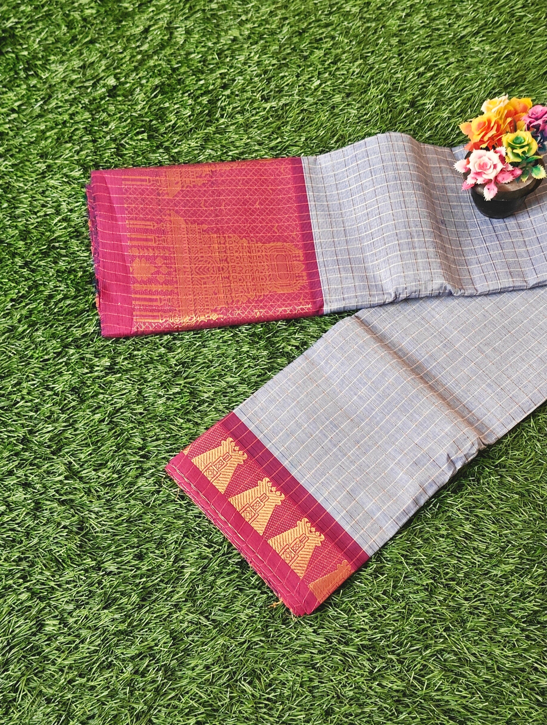 Chettinad Cotton Saree with Meenakshi Gopuram Border – Light Blue Checks with Pink Temple Border
