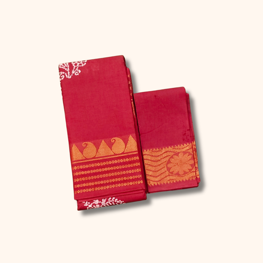 Ruby Pink Sungudi Cotton Saree with Gold Zari Border & Matching Blouse Piece