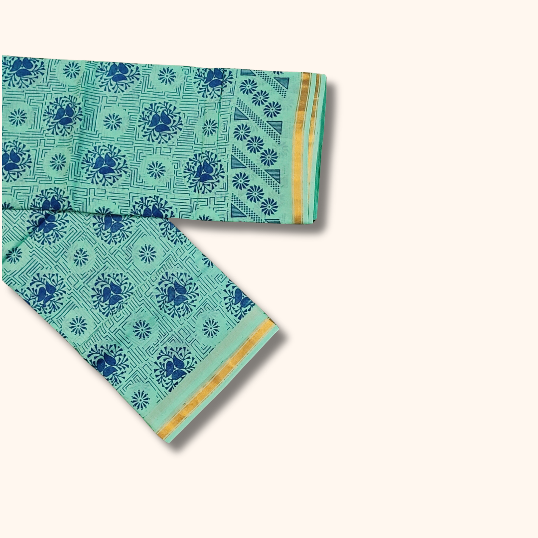 120s Count Vayal Cotton Saree in Aqua Blue with Floral Geometric Print