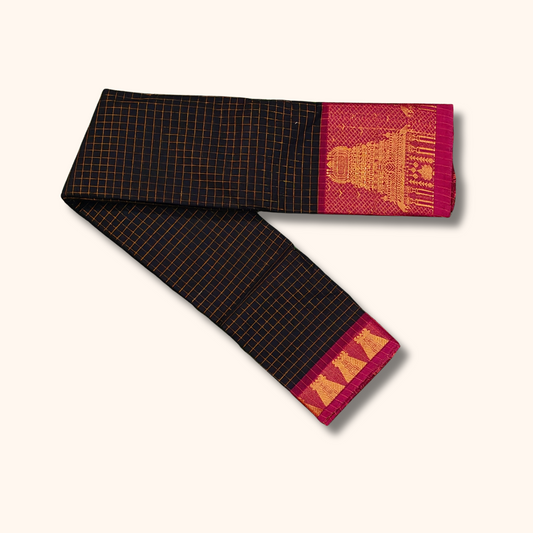 Black Chettinad Cotton Saree with Temple Border